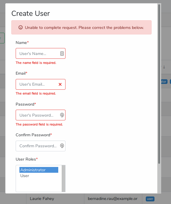 User manager create new user modal validation errors