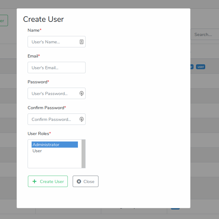 User manager create new user modal